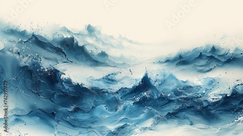 A blue brush stroke texture with a Japanese ocean wave pattern in vintage style. An abstract art landscape banner design with a watercolor texture modern. Asian traditional symbols.