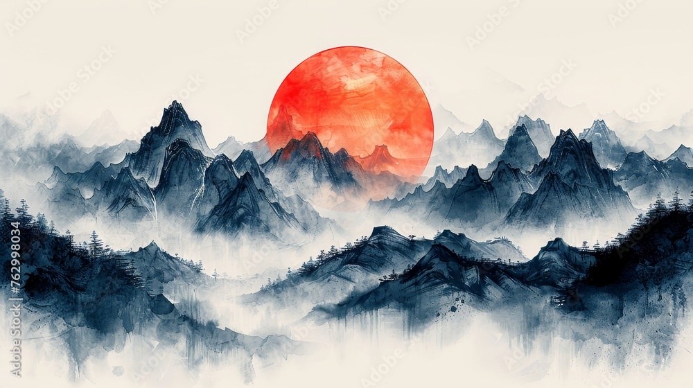 The background of this template is Japanese landscape with watercolor texture modern. The banner and logo are gray and black. - obrazy, fototapety, plakaty 