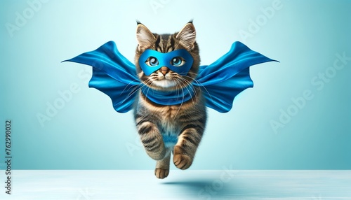superhero cat, Cute most beautiful tabby kitty with a blue cloak and mask jumping and flying on light blue background with copy space. The concept of a superhero, super cat, leader, funny animal