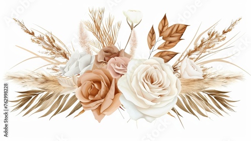 This trendy bouquet consists of dried palm leaves, blush pink and rust roses, pale protea, white ranunculus, pampas grass. Beige, gold, brown, rust, taupe. The elements are grouped and editable.