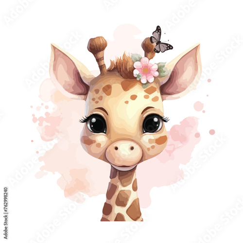 Fototapeta Naklejka Na Ścianę i Meble -  Cute little giraffe clipart with watercolor with pink flower