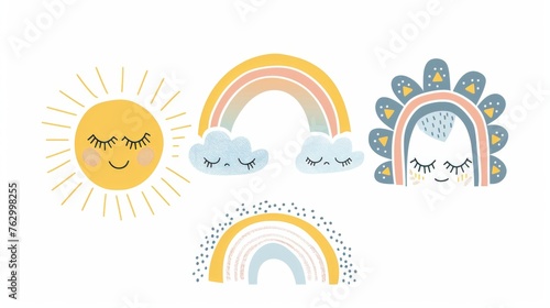 Beautiful Scandinavian Style Kids Room Decorations. Hand Drawn Sun, Rainbow and Cloud. Nursery Wall Art for Boys and Girls. Modern Illustration Set for Cards, Invitations, Posters.