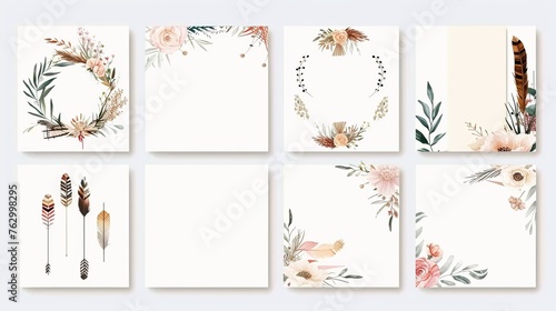 With wreath, feather, flower, wild, cake, arrow, and cake in boho style, this collection of templates is perfect for icon, flyers, and greeting cards