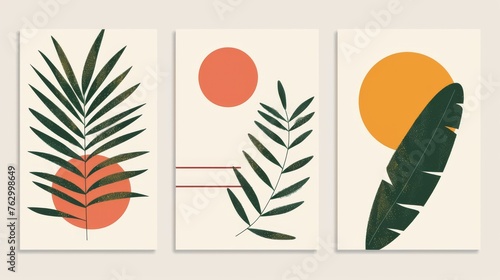 A geometric poster set in a midcentury style. Modern illustration: palm leaf, geo elements for minimal prints, posters, boho wall decor, flat design moderns.