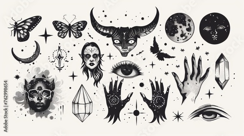 This collection features butterfly, hand, cat, horned god, crystal ball, face, and crystal ball symbols. © Mark
