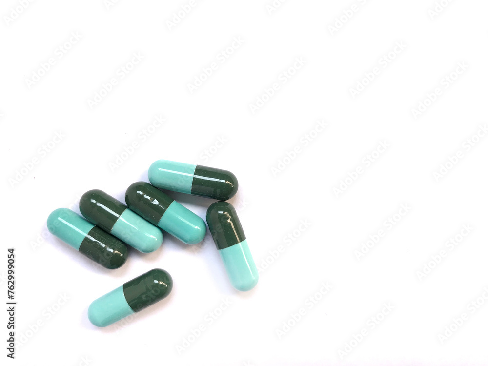 Close up pills medication isolated on white background