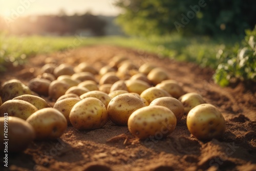 Fresh potatoes on agricultural land ready to harvest. agriculture, farming and harvesting concept
