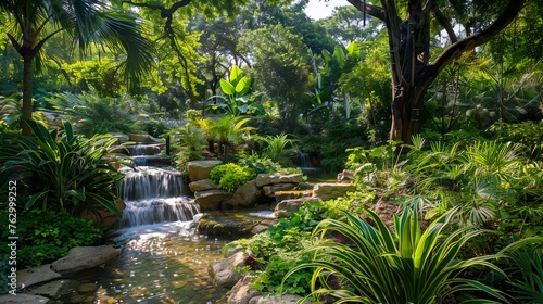 A serene garden oasis with trickling streams and lush vegetation