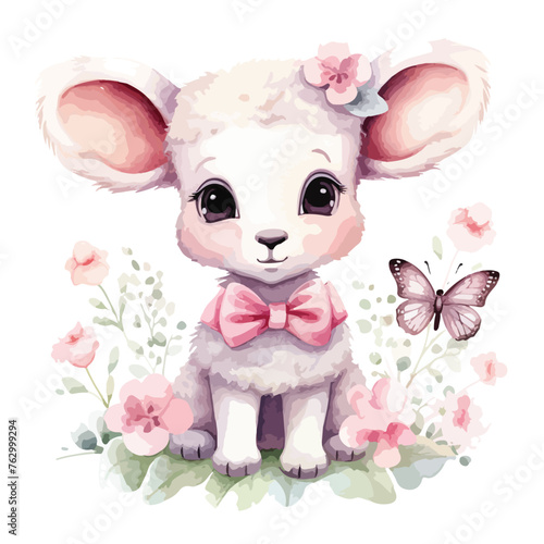 Fototapeta Naklejka Na Ścianę i Meble -  Cute sheep clipart with watercolor with pink flower 