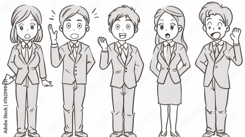 The hand drawn illustration shows business people in suits expressing varying emotions. A woman with a curious look with her hands open. A surprised man touching his back hair. The hand drawn illustration shows business people in suits expressing varying emotions. A woman with a curious look with her hands open. A surprised man touching his back hair.