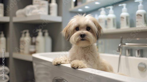 Clean beautiful dog in bath in grooming salon