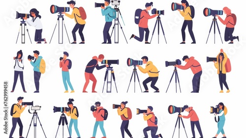 Various poses of photographer characters in flat design style. Modern illustration.