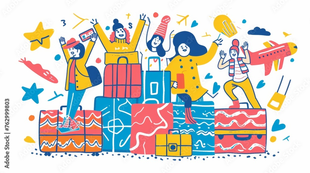 There are many suitcases stacked up and people are having fun on this banner poster. Flat design style minimal modern illustration.