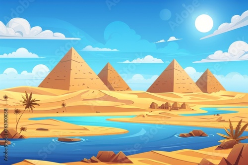 A cartoon illustration of yellow sand dunes  a blue river  ancient tombs of Egypt s pharaohs  and hot sun with clouds in the sky depicting an Egyptian desert with a river and pyramids.