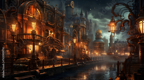 A steampunk cityscape bathed in the glow of gas lamps