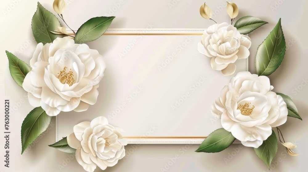 Template design for wedding invitation cards with white semi-double camellias and leaves - obrazy, fototapety, plakaty 