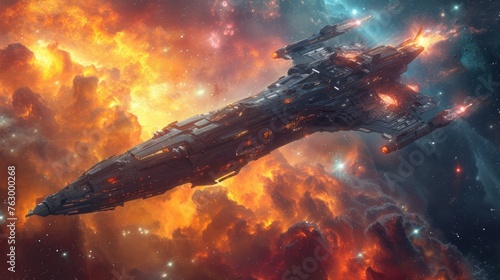 Majestic Interstellar Spaceship Soaring Through a Vibrant Cosmic Nebula © photolas