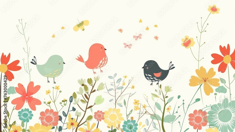 An adorable cartoon bird with a flower on a brightly colored floral background.