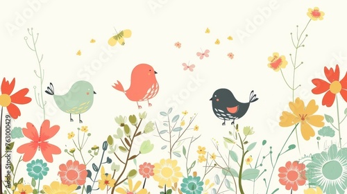 An adorable cartoon bird with a flower on a brightly colored floral background.