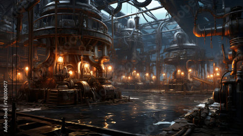A steampunk factory churning out machines and inventio