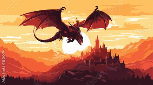 A dragon soaring through a fiery sky above a medieva photo