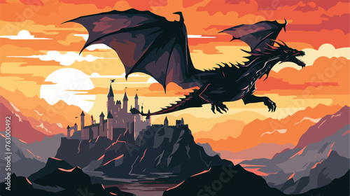 A dragon soaring through a fiery sky above a medieva photo