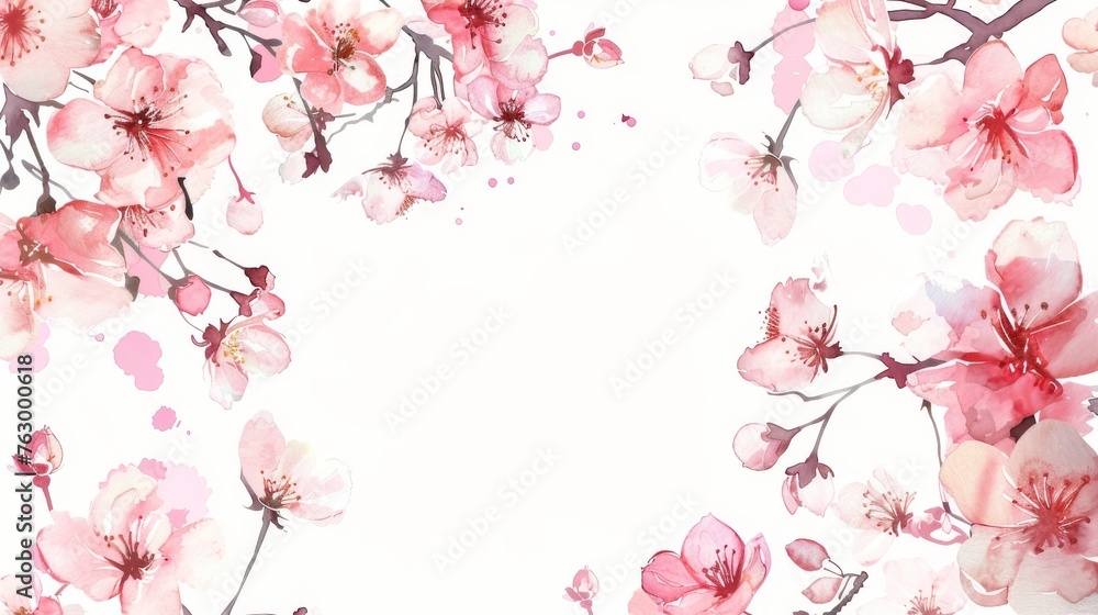 Hand drawn Japanese flowers on white background with watercolor sakura frame.