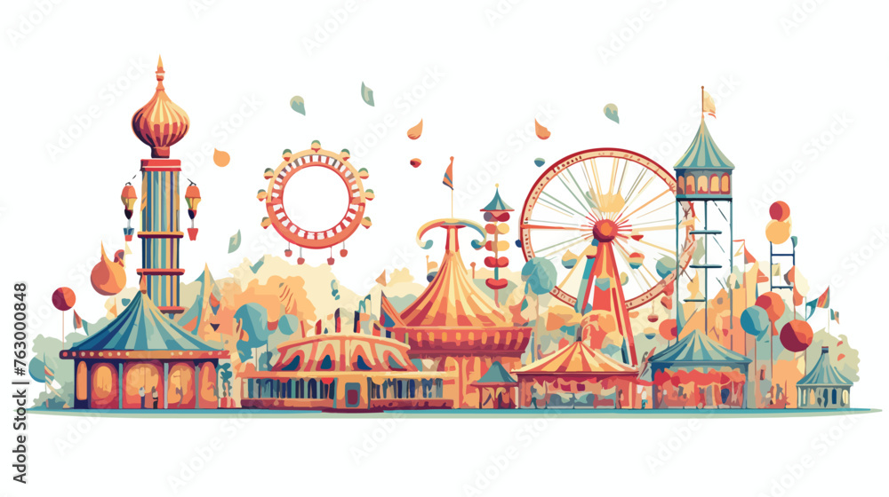 A fantastical carnival with whimsical rides and attr