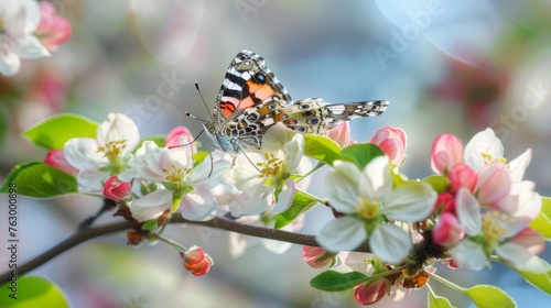 Butterfly insect. nature. Blossoming branch apple. Bright colorful spring flowers
