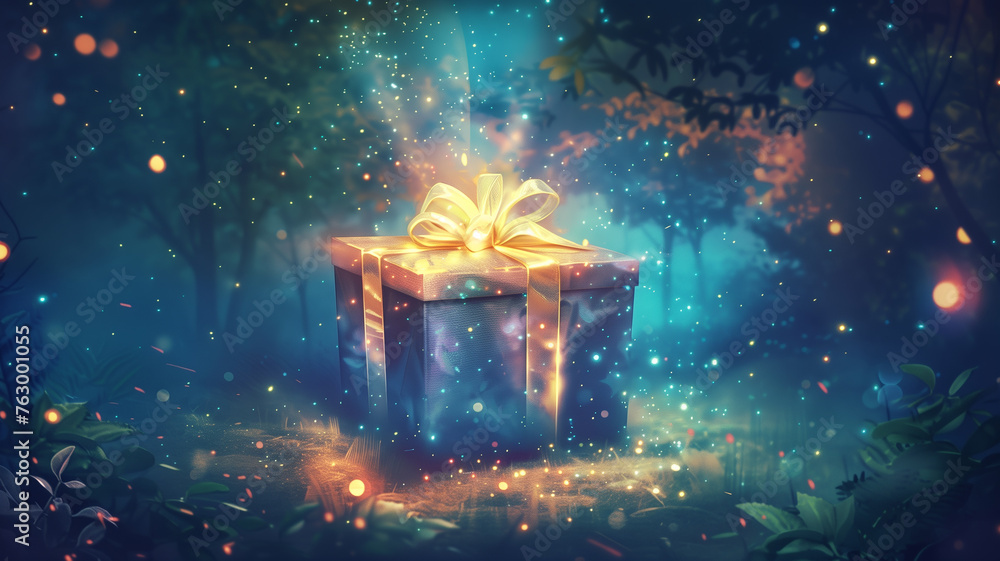 A creative, clean illustration showcasing a fantasy gift box opening to reveal a symbolic cure for Zika, surrounded by a magical aura, highlighting optimism and the gift of health. - obrazy, fototapety, plakaty 