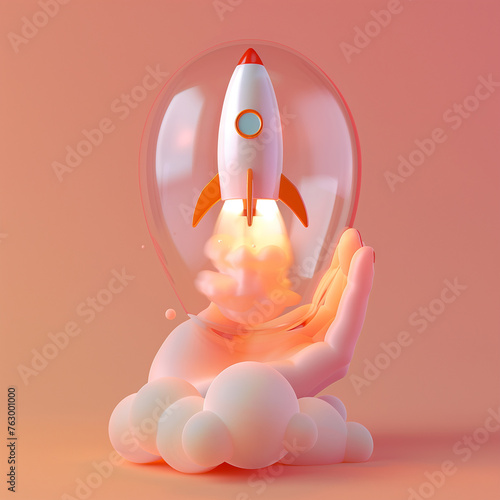 A clean, minimalist 3D illustration of a hand gently holding a rocket, encapsulated within a bubble of creative light, symbolizing startup growth and innovation