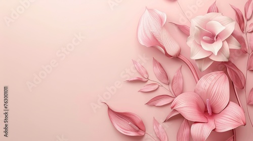Invitation card template design featuring pink anise magnolia flowers and calla lilies on light red. © Mark