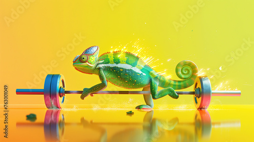 Fototapeta Naklejka Na Ścianę i Meble -  A clean, surreal illustration featuring a giraffe with its long neck coiled around a barbell, lifting it high against a backdrop of vivid, abstract shapes, symbolizing unique strength and joy.