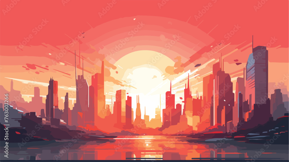 A futuristic cityscape at sunset with the sky ablaze - obrazy, fototapety, plakaty 