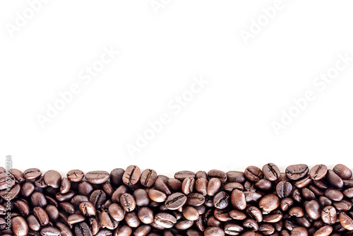 Top view with roasted coffee beans isolated on white table background area for copy space.