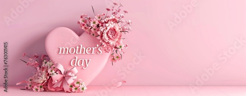 Pink background with a heart shaped gift box and flowers  the word  mother s day  on it  in a minimalistic style  a copy space concept for a Mother Day celebration card template design