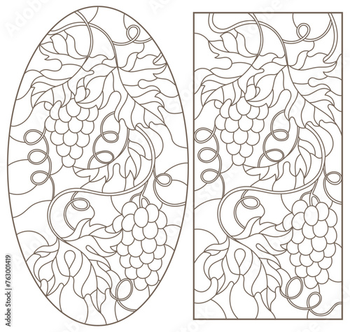 Set contour illustrations of stained glass with grapes and grape leaves   black contour on white background