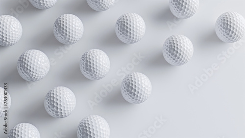 Artistic 3D rendering of a scattered set of golf balls  creating a pattern on a clean  white background  designed with minimalist appeal and left-hand side copy space