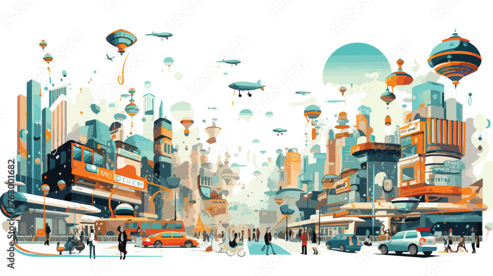 A futuristic megacity bustling with flying vehicles