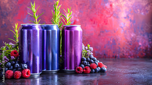 RTD cocktail in aluminum cans with fresh berries and rosemary on a dark background photo