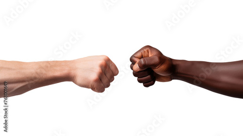 the hand of a white man and an African American are touching fists on white isolated background photo