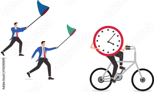 Group of businessmen running after anthropomorphic time, trying to catch time, deadline, stress and time pressure concept