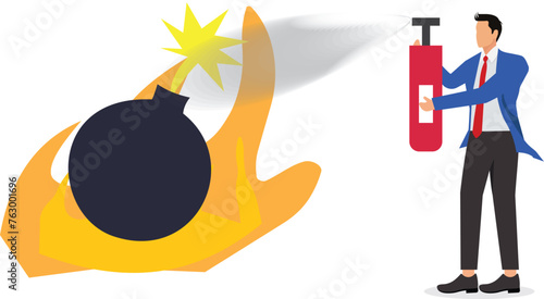 Happy Businessman Big hand grabbing the wick extinguish, put out bomb flame