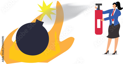 Happy Businesswoman Big hand grabbing the wick extinguish, put out bomb flame