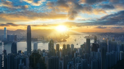 Scene of a beautiful city, sunrise, animation video looping motion