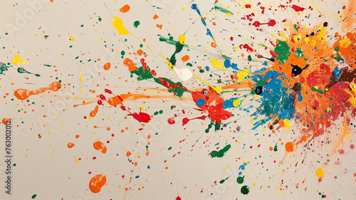 Explosion of multicolored paint splatters, creating a vibrant and messy masterpiece on a neutral canvas, with top-side copy space for bold, creative statements