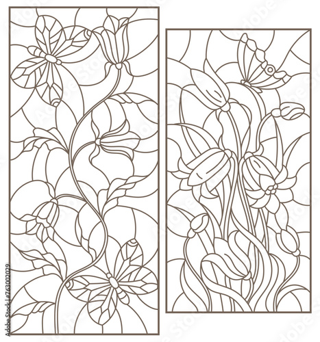 Set of contour stained glass illustrations with  flowers and  butterflies, dark contours on white background