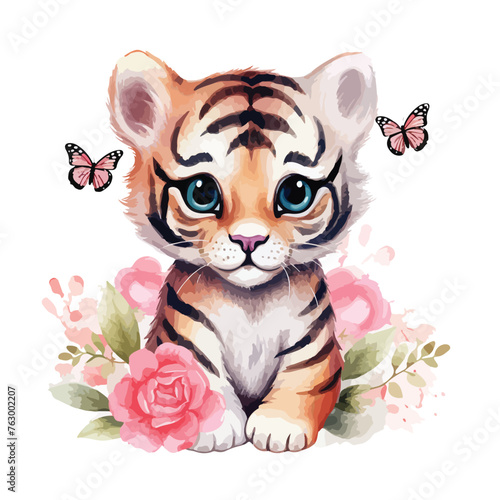 Cute tiger clipart with watercolor with pink flower a