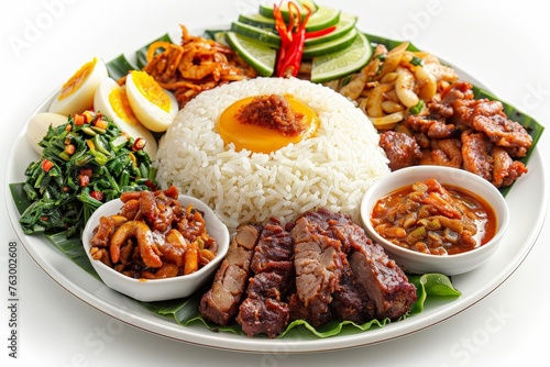 there is a plate of food with rice, meat, vegetables and sauce
