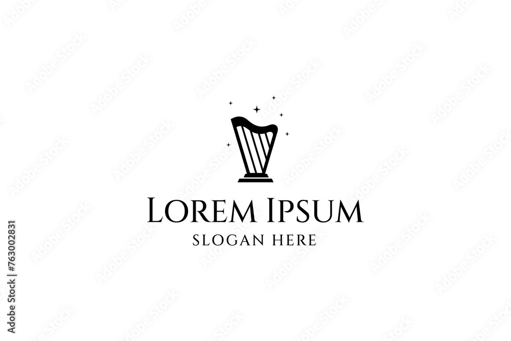 Harp musical instrument logo design in flat vector design style decorated with stars Harp musical instrument logo design in flat vector design style decorated with stars